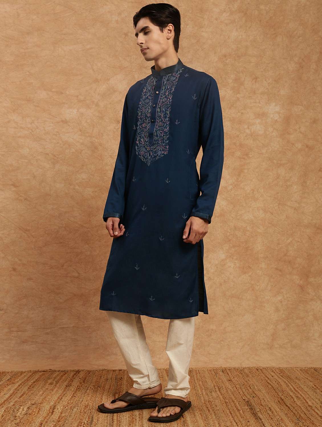 men solid with work mandarin neck long kurta - 22332064 -  Standard Image - 2