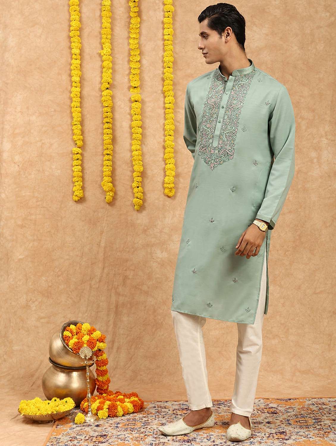 men solid with work mandarin neck long kurta - 22332065 -  Standard Image - 2