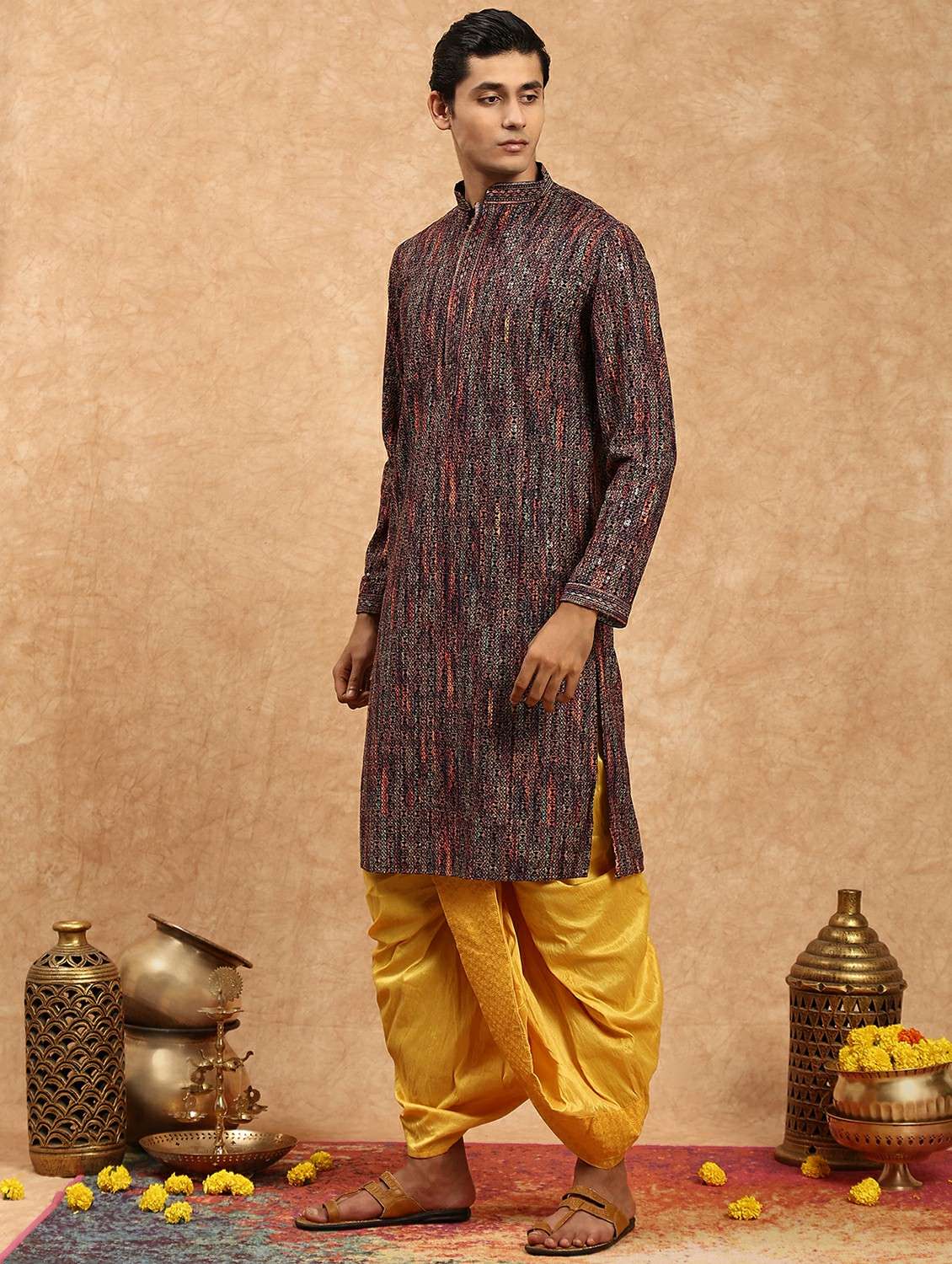 men printed mandarin neck long kurta - 22332070 -  Standard Image - 2