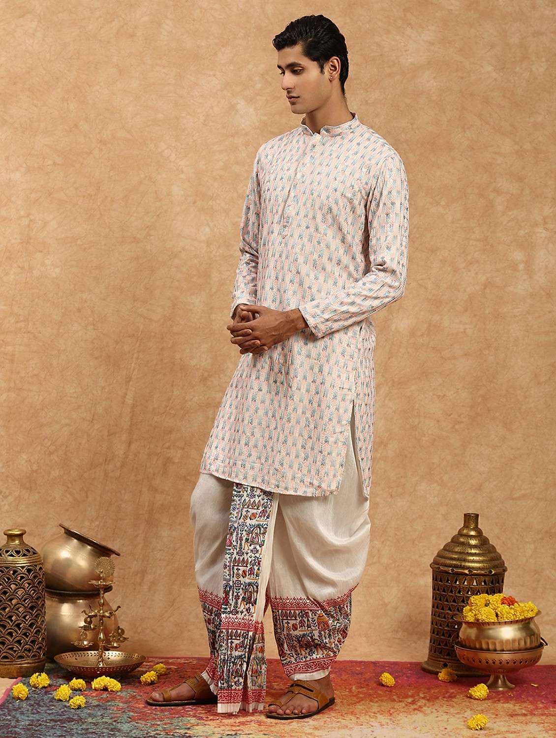 men solid with work mandarin neck long kurta - 22332075 -  Standard Image - 2