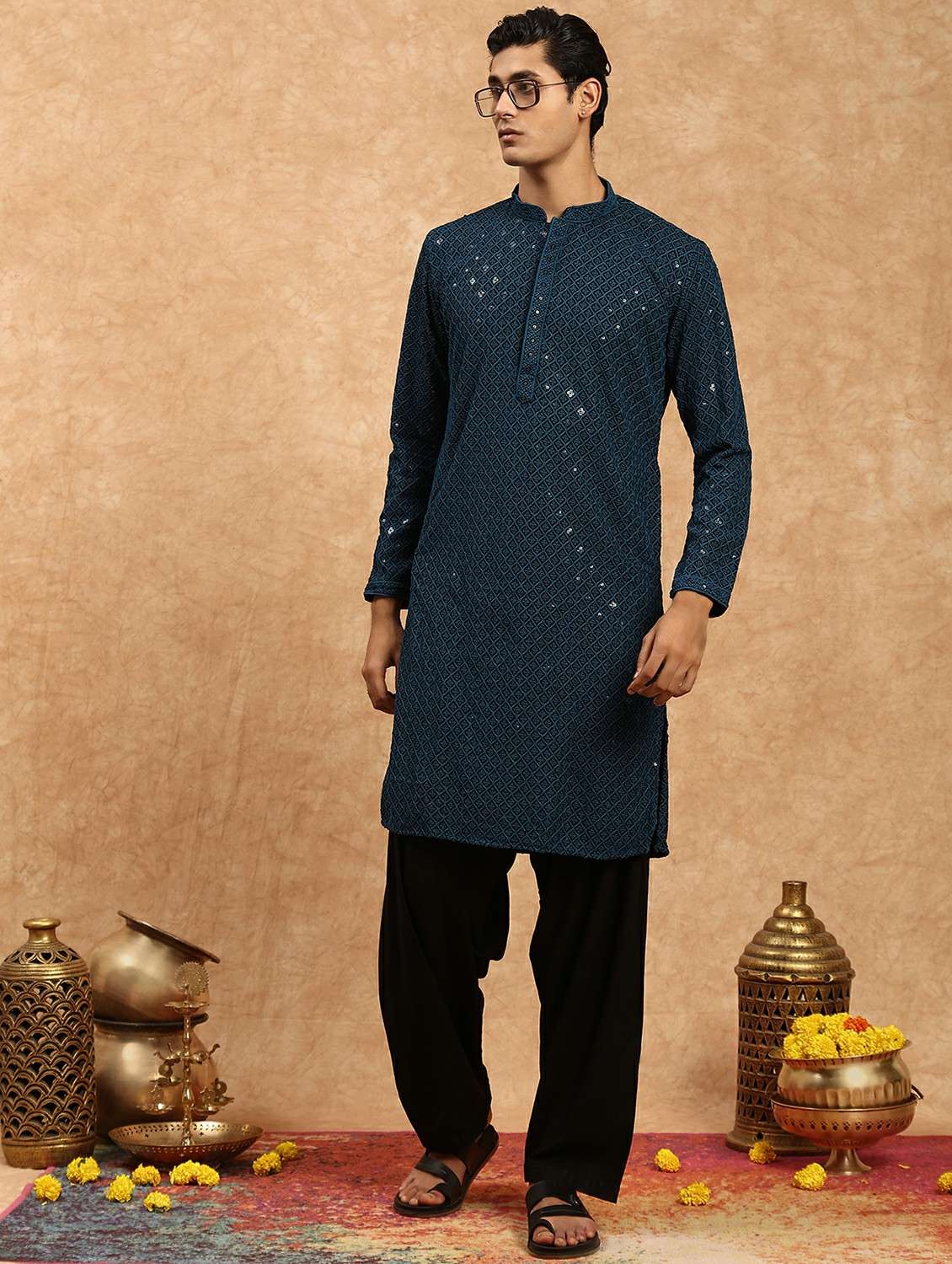 men solid with work mandarin neck long kurta