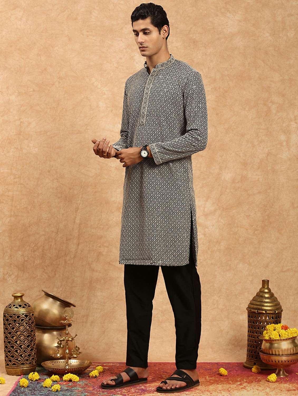 men solid with work mandarin neck long kurta - 22332082 -  Standard Image - 2