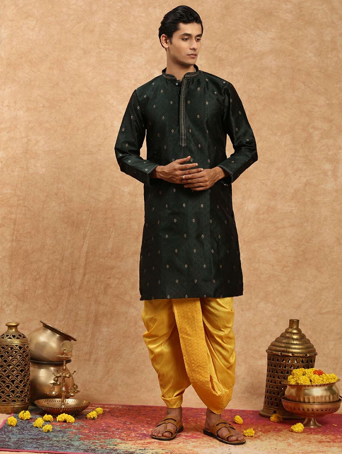 men self design mandarin neck long kurta