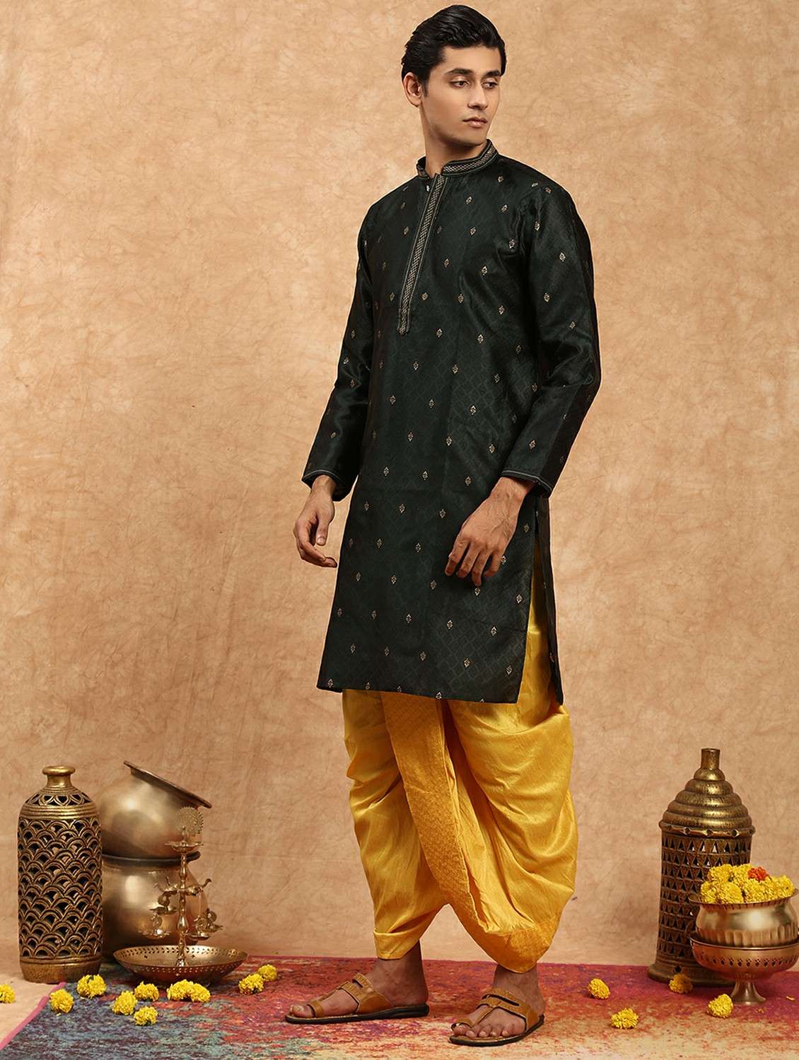 men self design mandarin neck long kurta - 22332085 -  Standard Image - 2
