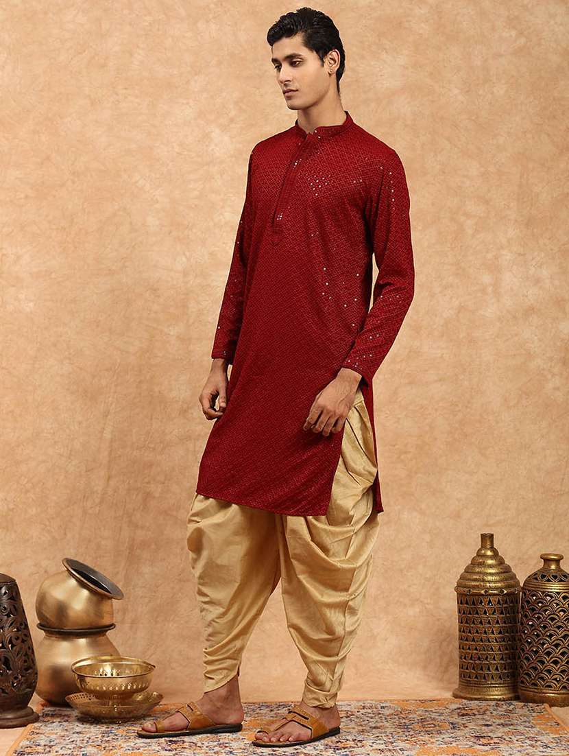 men solid with work mandarin neck long kurta - 22332092 -  Standard Image - 2