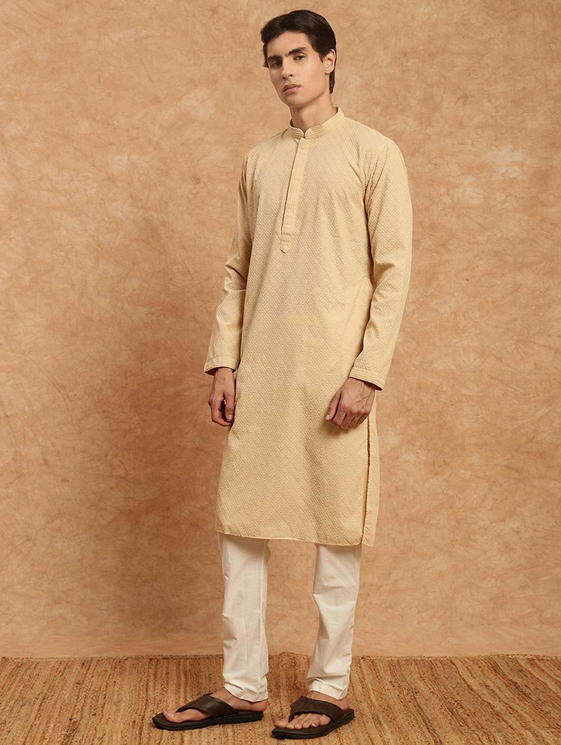 men solid with work mandarin neck long kurta - 22332099 -  Standard Image - 2