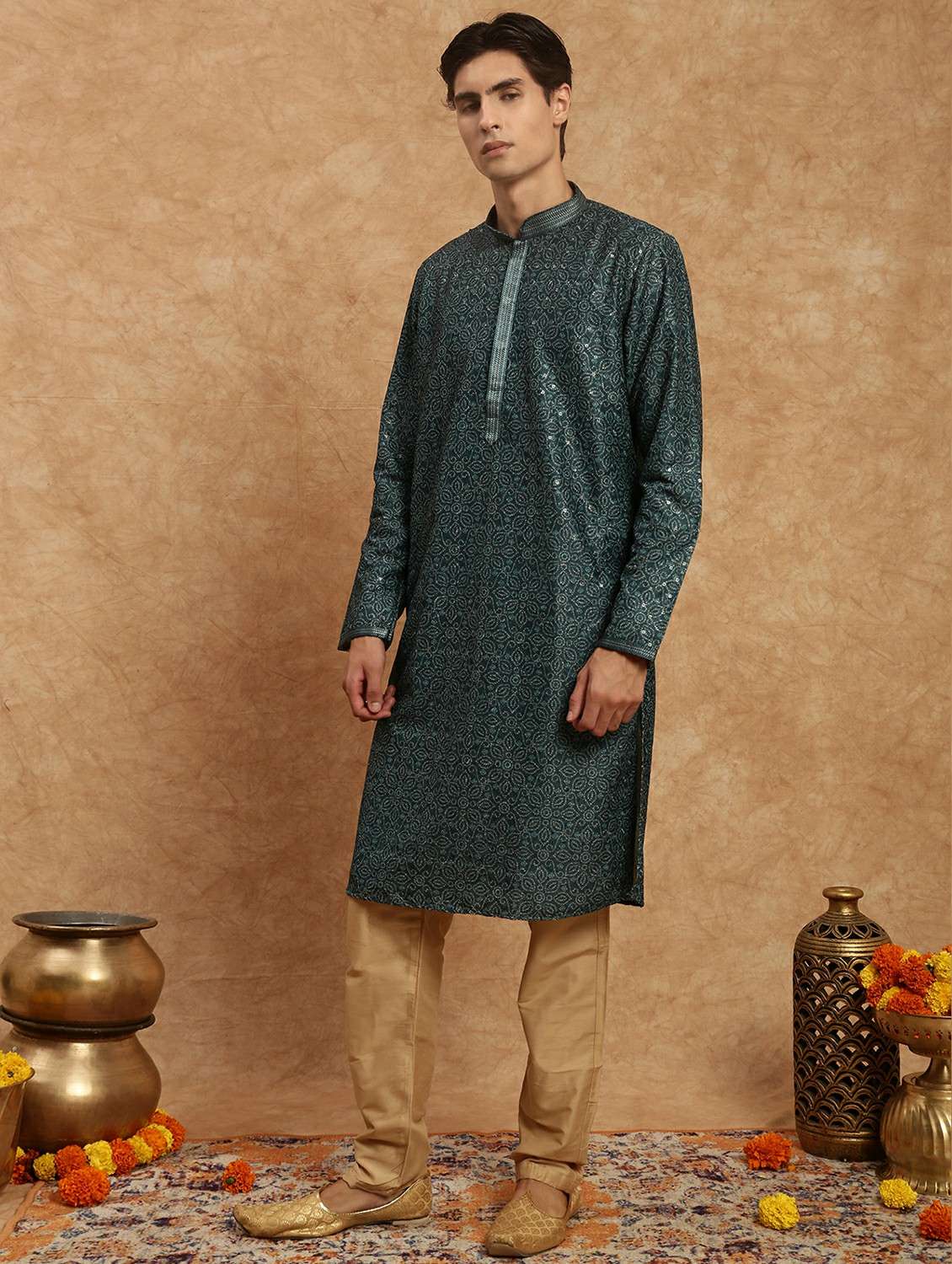 men printed mandarin neck long kurta - 22332103 -  Standard Image - 2