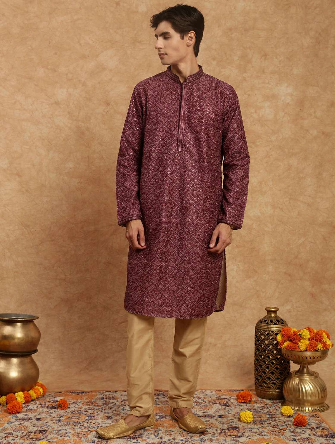 men printed mandarin neck long kurta