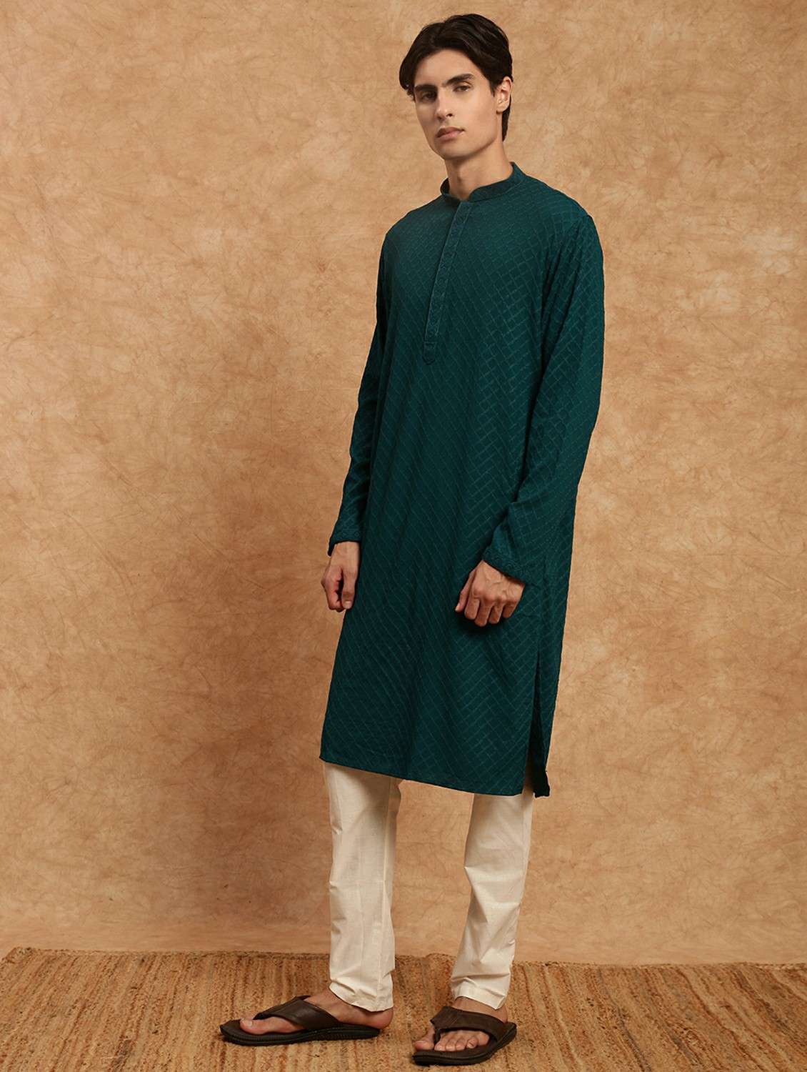 men solid with work mandarin neck long kurta - 22332110 -  Standard Image - 2