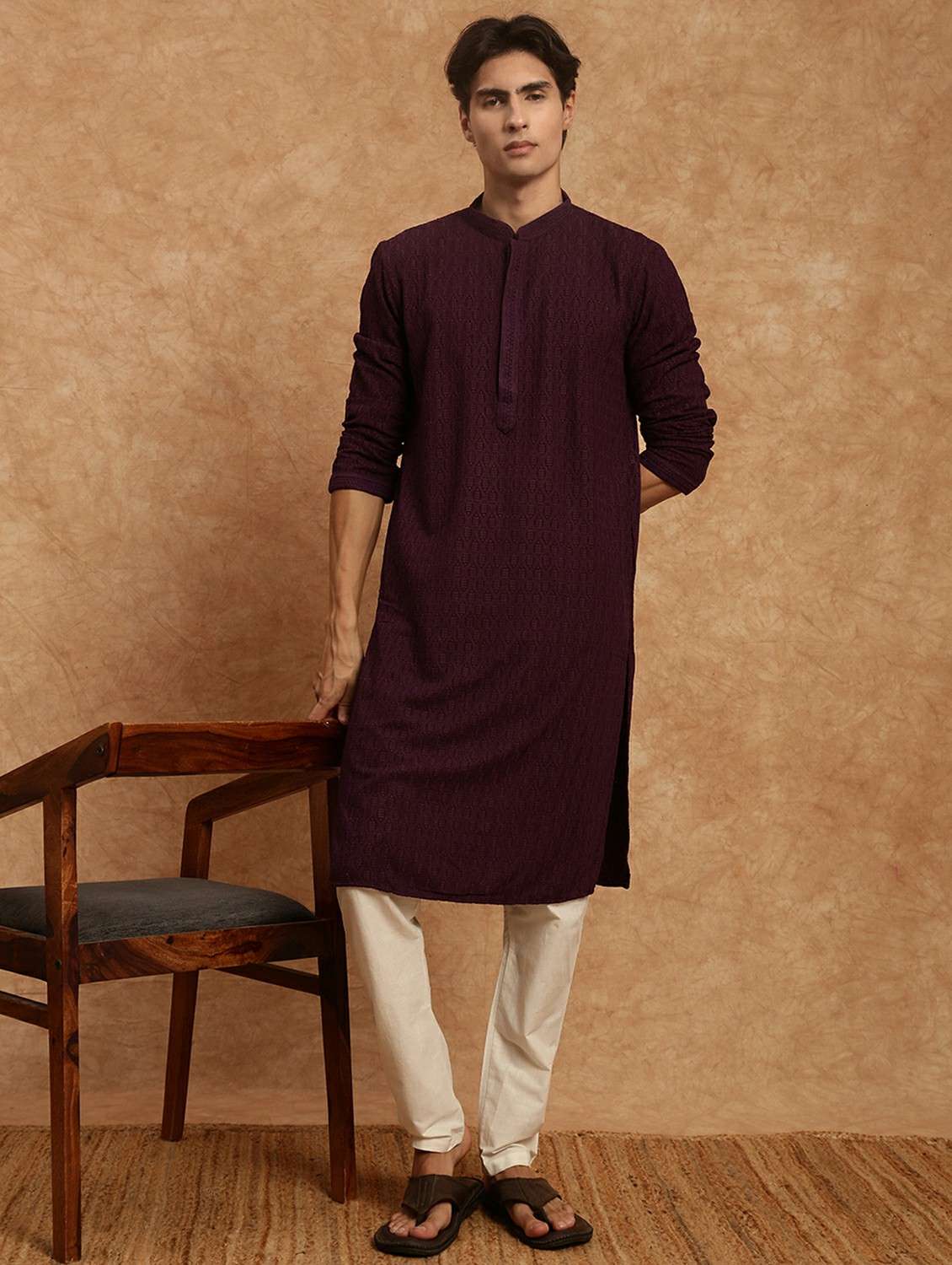 men solid with work mandarin neck long kurta