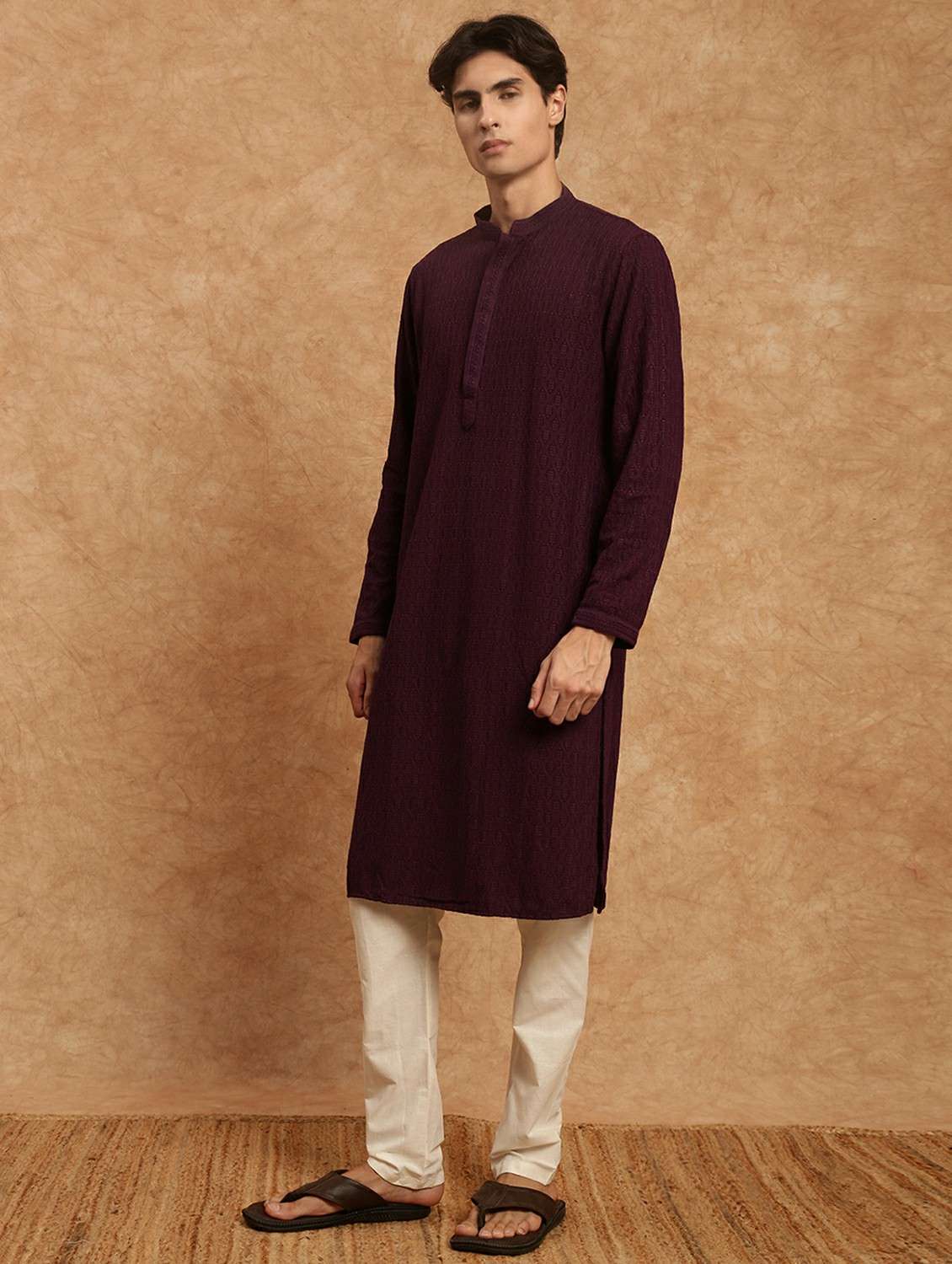 men solid with work mandarin neck long kurta - 22332111 -  Standard Image - 2