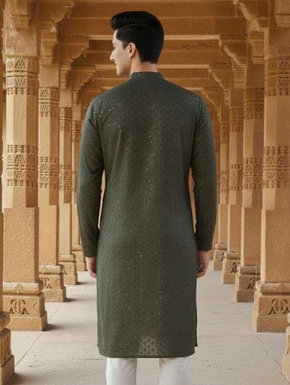 men solid with work mandarin neck long kurta - 22332160 -  Standard Image - 2