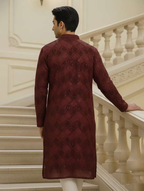 men solid with work mandarin neck long kurta - 22332165 -  Standard Image - 2