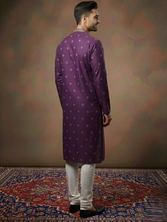 men solid with work mandarin neck long kurta - 22332192 -  Standard Image - 2