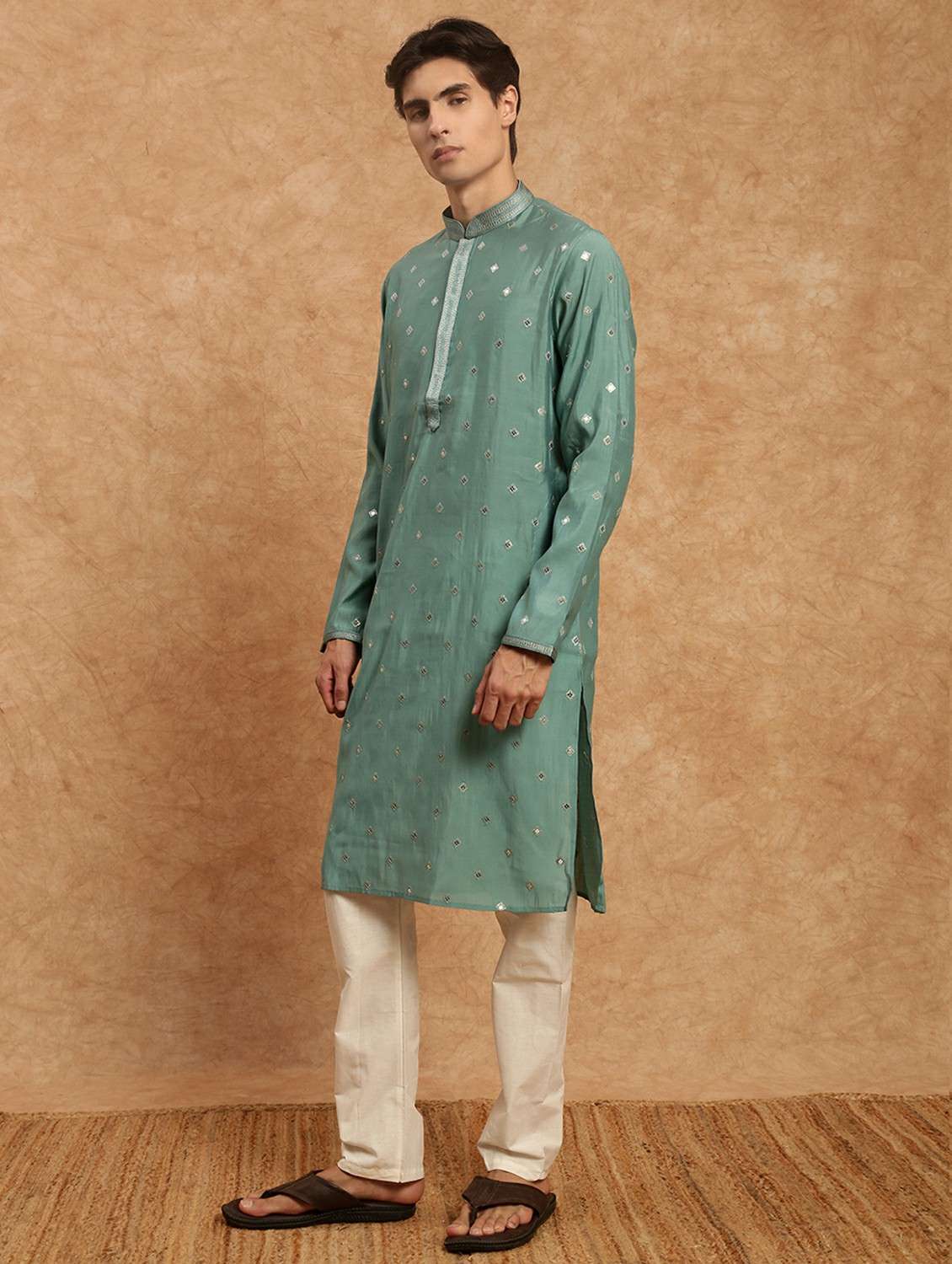 men solid with work mandarin neck long kurta - 22332210 -  Standard Image - 2