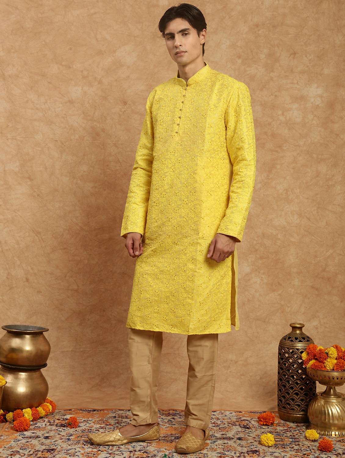 men solid with work mandarin neck long kurta - 22332211 -  Standard Image - 2