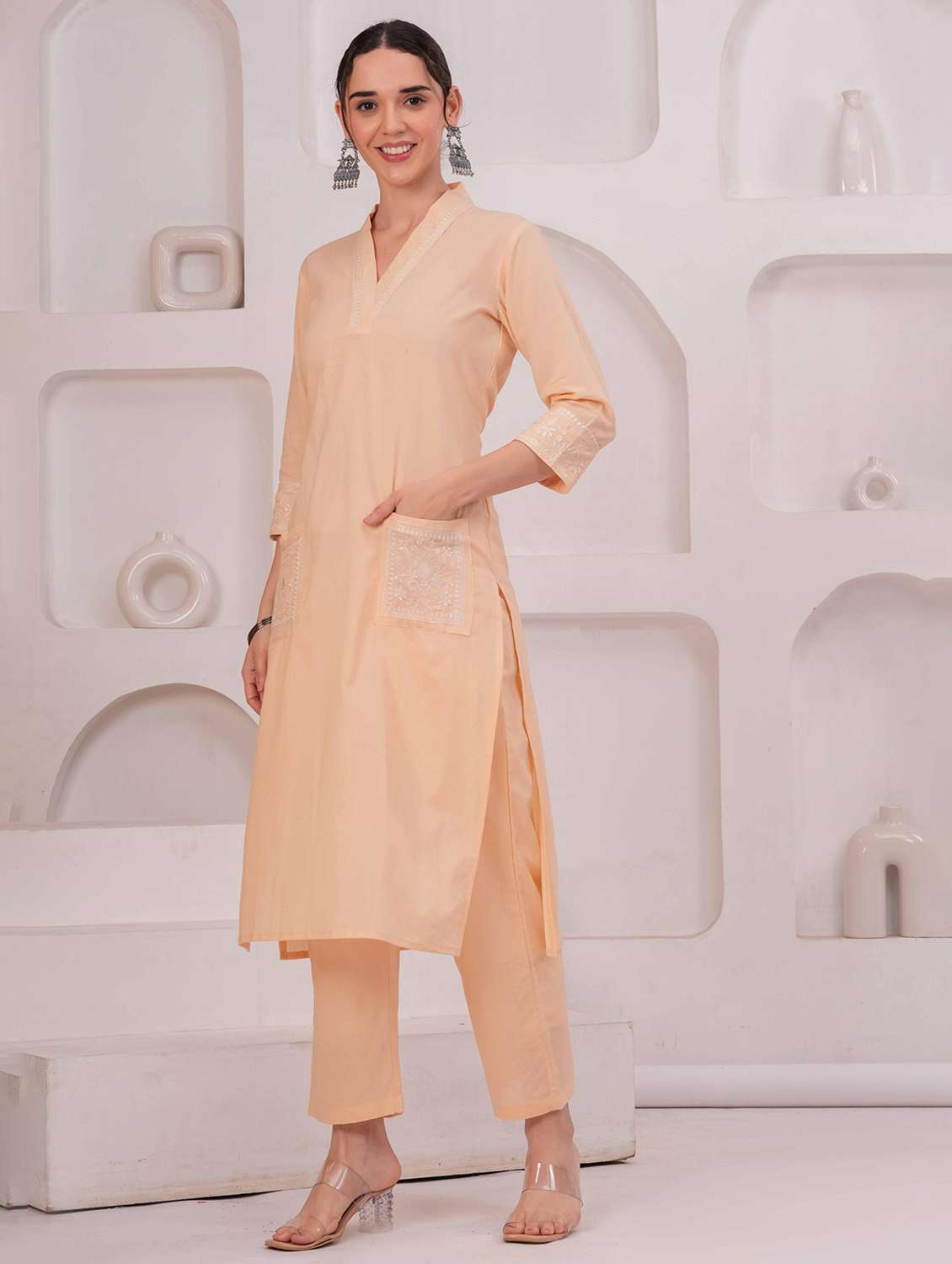 women solid with work v neck kurta pant set - 22332245 -  Standard Image - 2