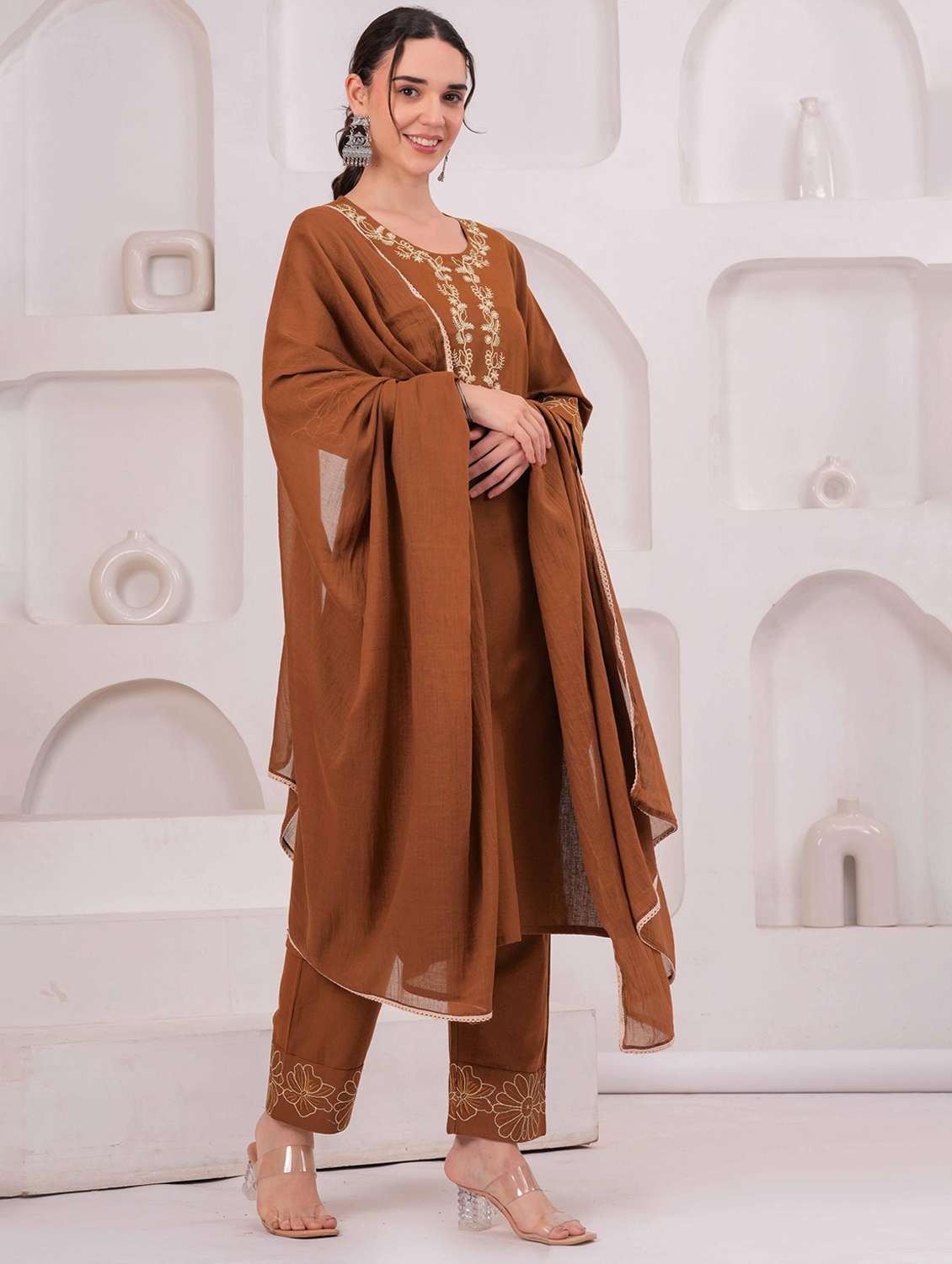 women solid with work round neck kurta pant with dupatta set - 22332248 -  Standard Image - 2