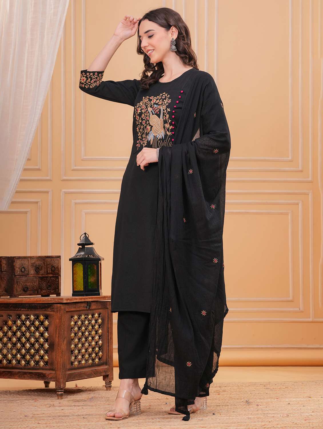 women solid with work round neck kurta pant with dupatta set - 22332258 -  Standard Image - 2