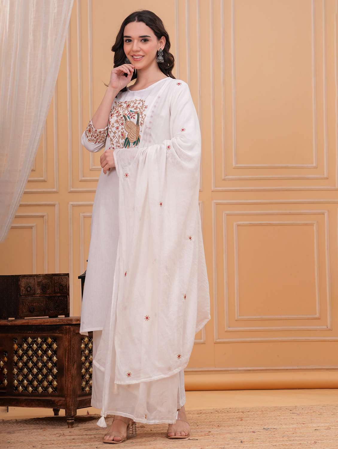 women solid with work round neck kurta pant with dupatta set - 22332259 -  Standard Image - 2