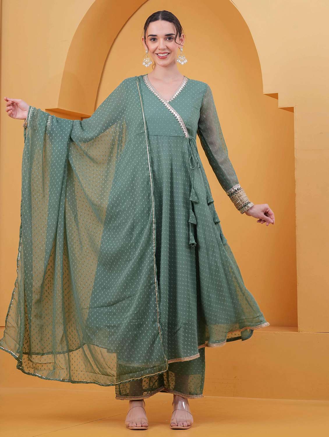 women self design long sleeve kurta palazzo with dupatta set