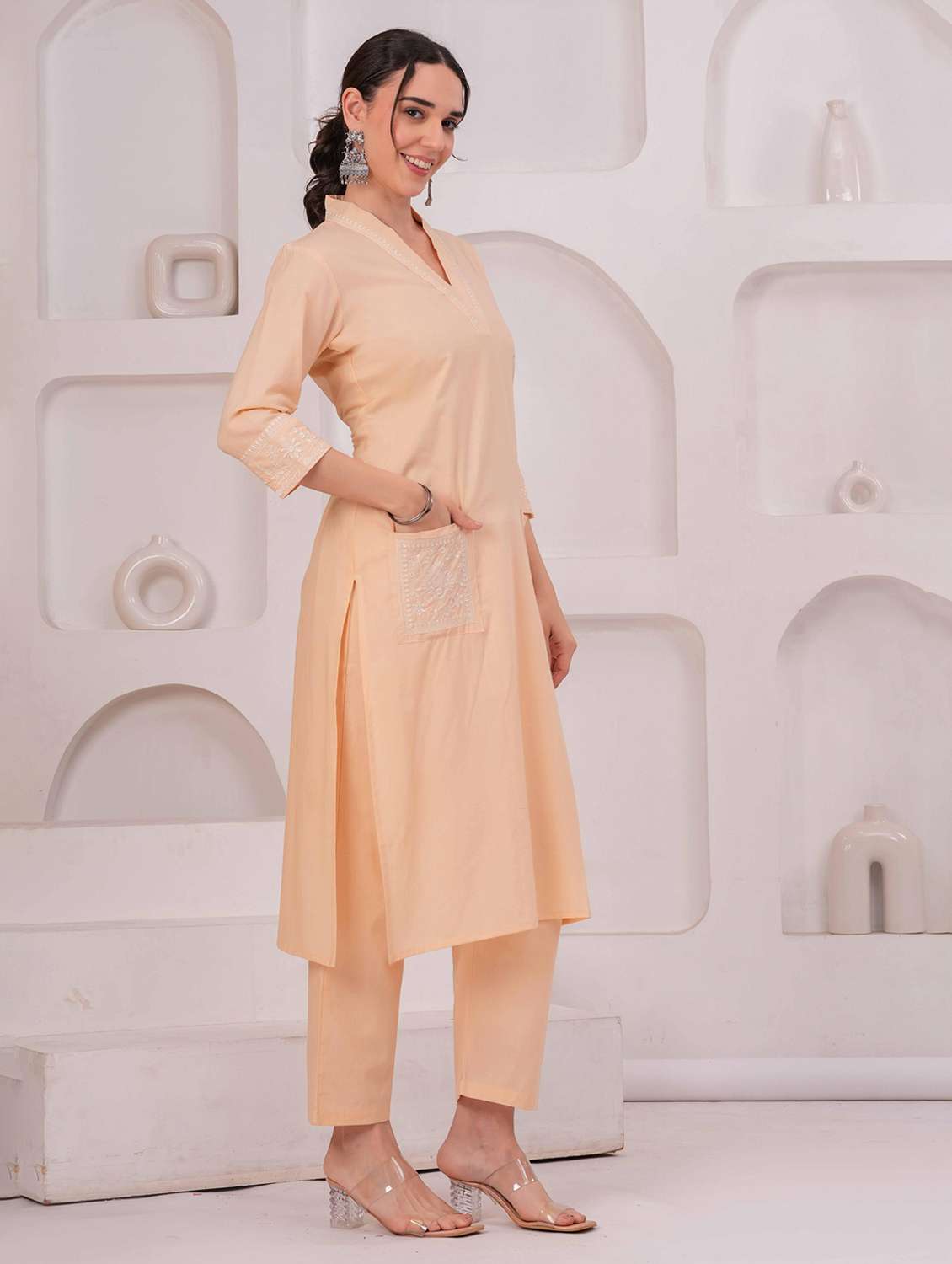 women solid with work three quarter sleeve kurta pant set - 22332273 -  Standard Image - 2