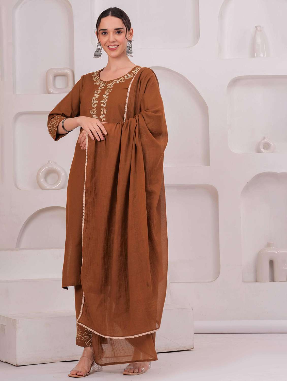 women solid with work round neck kurta pant with dupatta set - 22332276 -  Standard Image - 2