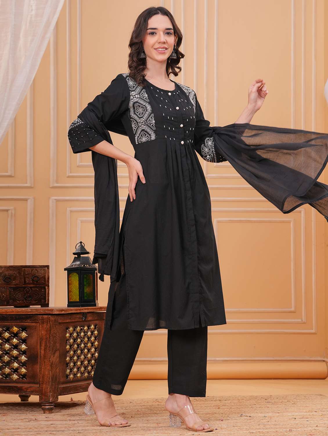 women solid with work three quarter sleeve kurta pant with dupatta set - 22332292 -  Standard Image - 2