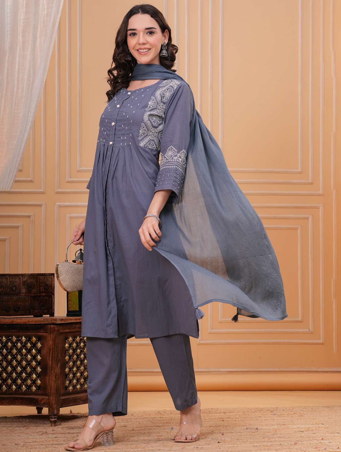 women solid with work round neck kurta pant with dupatta set - 22332293 -  Standard Image - 2