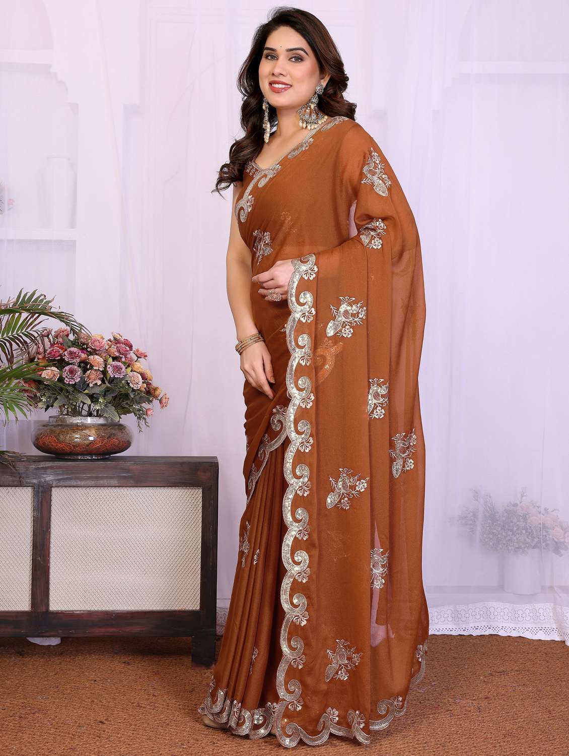 women solid with work embroidered saree with blouse - 22332427 -  Standard Image - 2