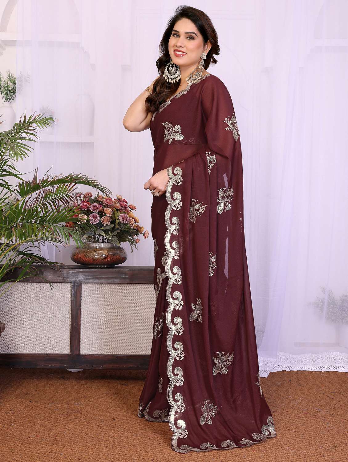 women solid with work embroidered saree with blouse - 22332428 -  Standard Image - 2