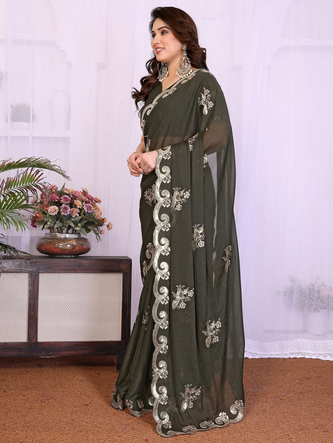 women solid with work embroidered saree with blouse - 22332429 -  Standard Image - 2