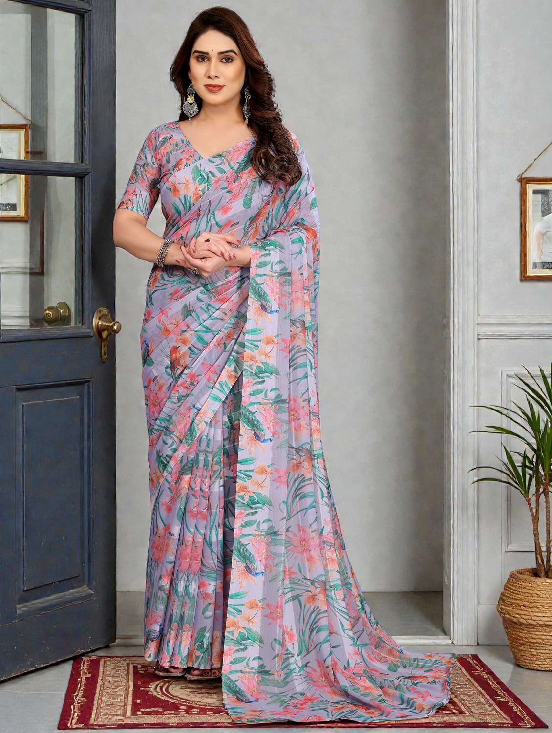 women printed casual wear saree with blouse