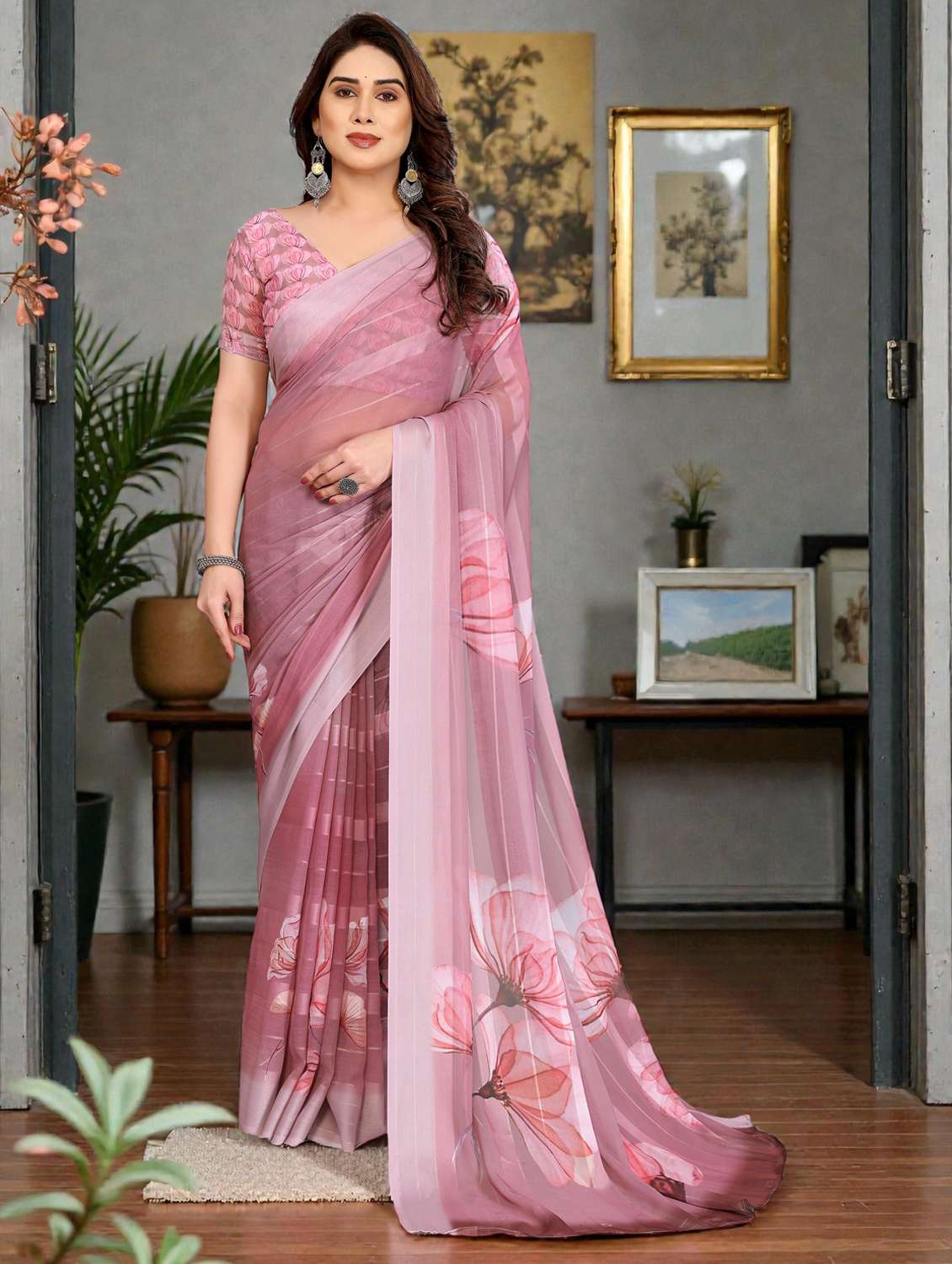 women printed casual wear saree with blouse