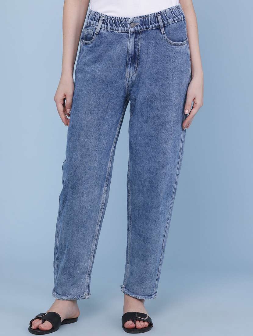 women washed mid rise slouchy jeans