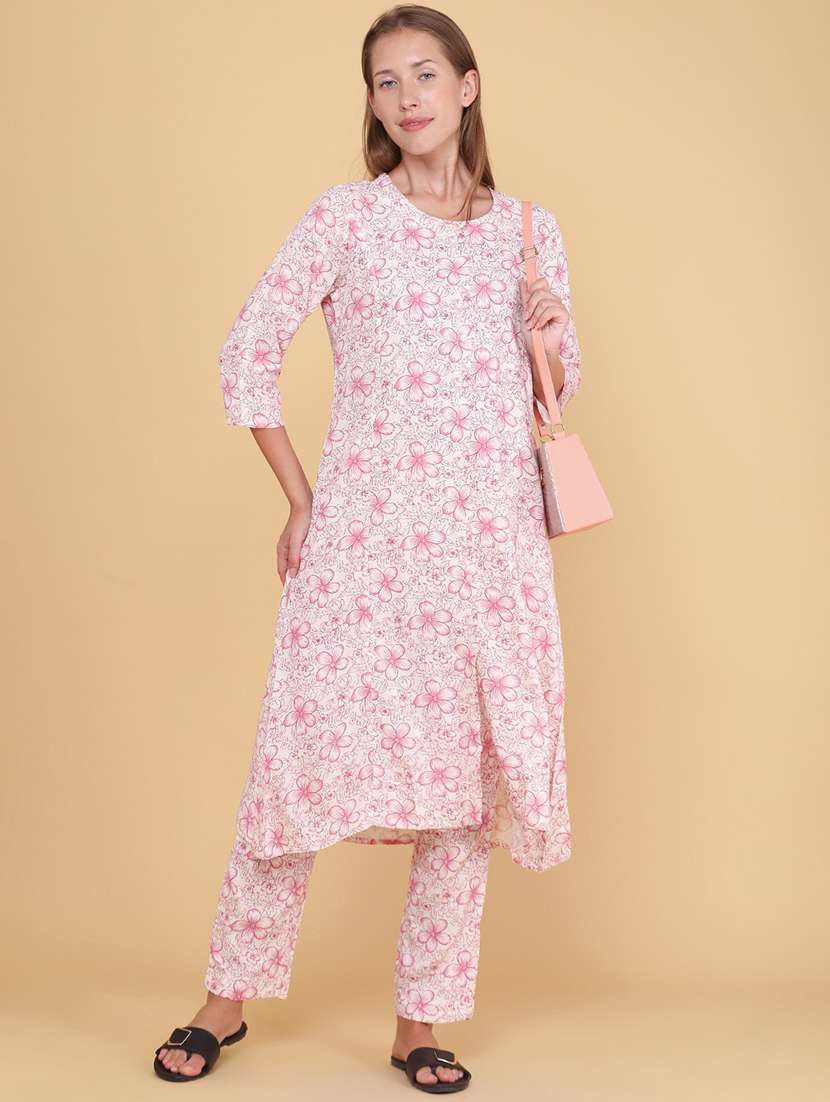 women printed three quarter sleeves ethnic co-ord set