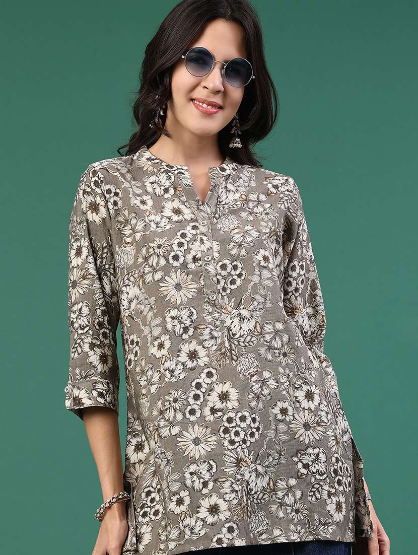 Grey Cotton Straight Kurti - 22335286 -  Standard Image - 2