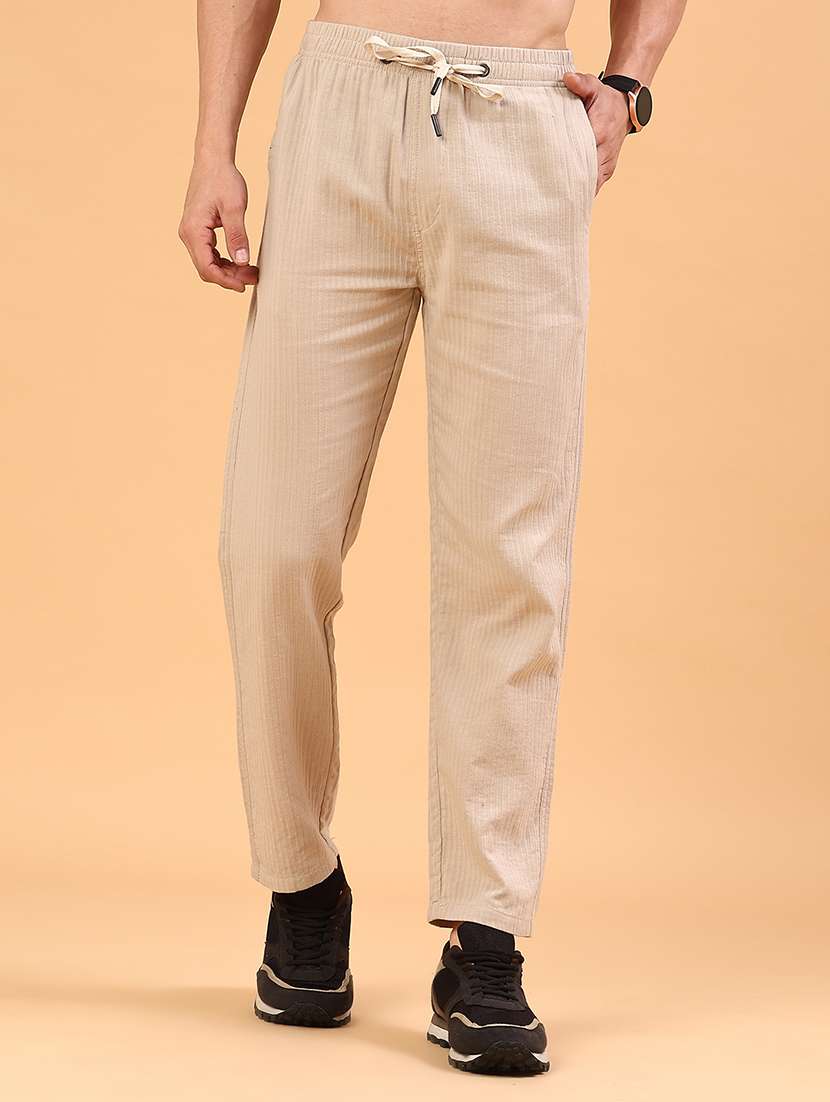 beige cotton flat front casual trousers
