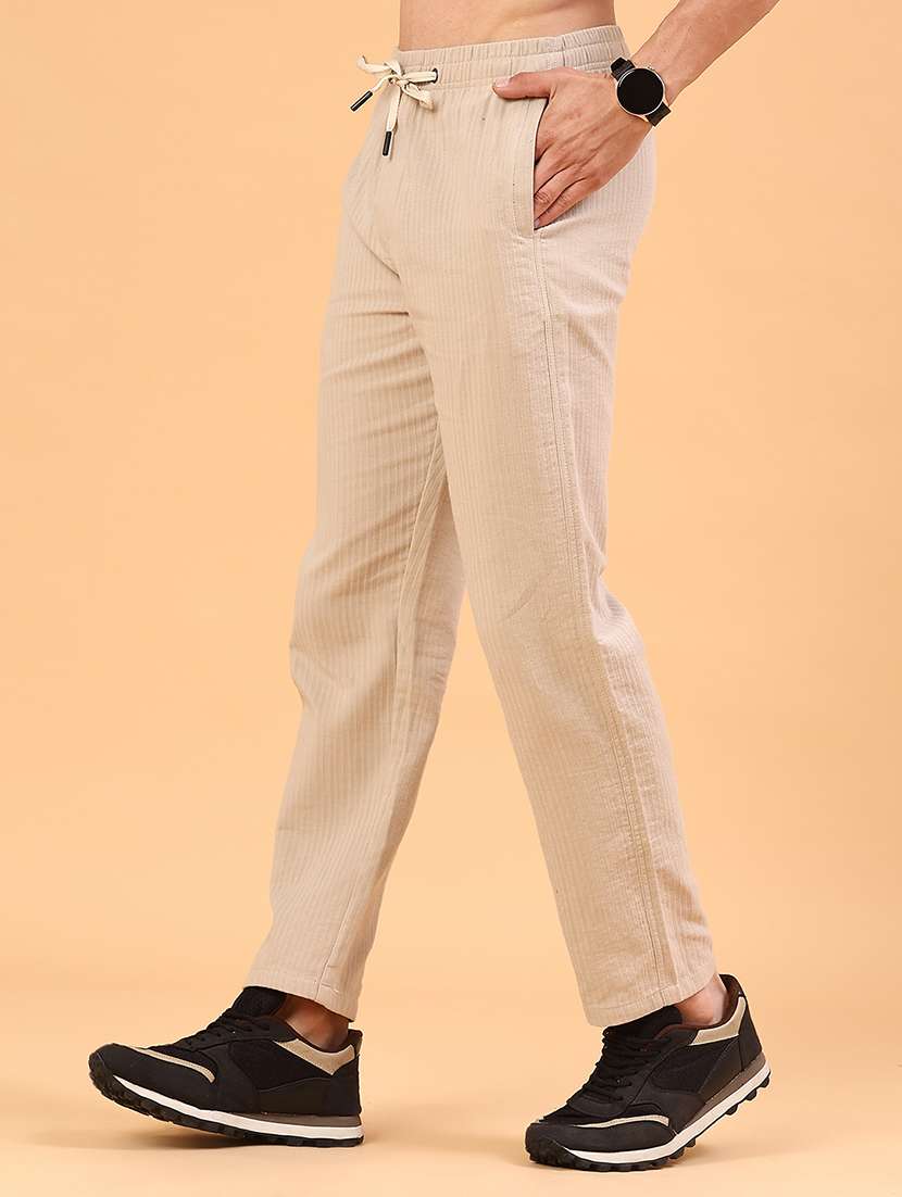 beige cotton flat front casual trousers - 22335360 -  Standard Image - 2