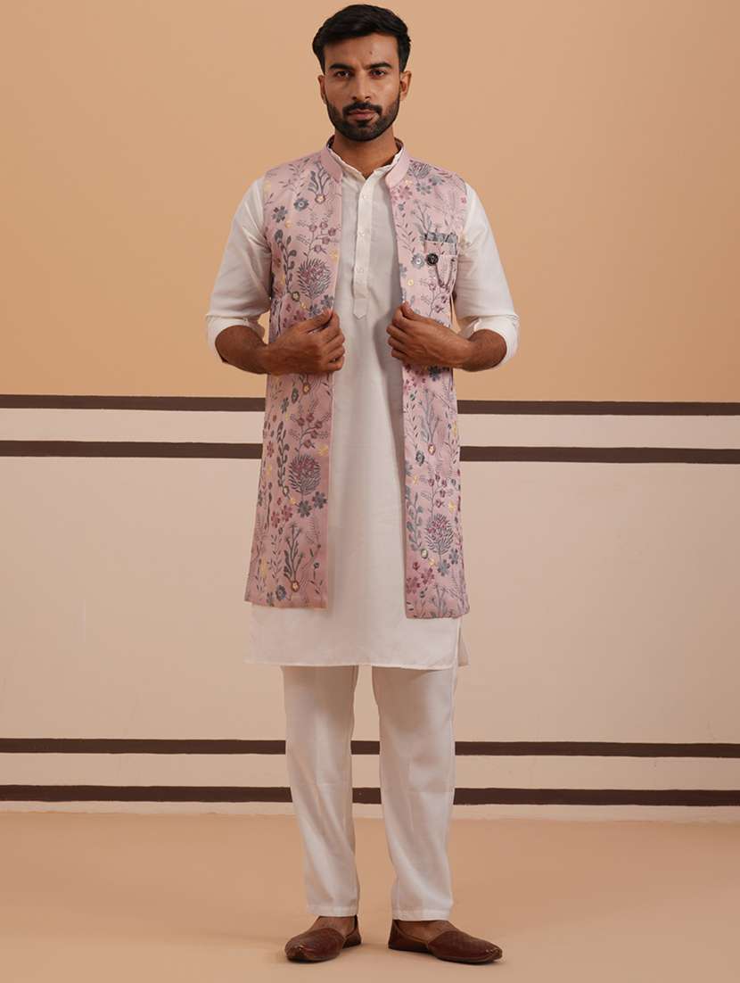 men floral mandarin neck kurta pyjama with jacket ethnic wear set - 22335550 -  Standard Image - 2