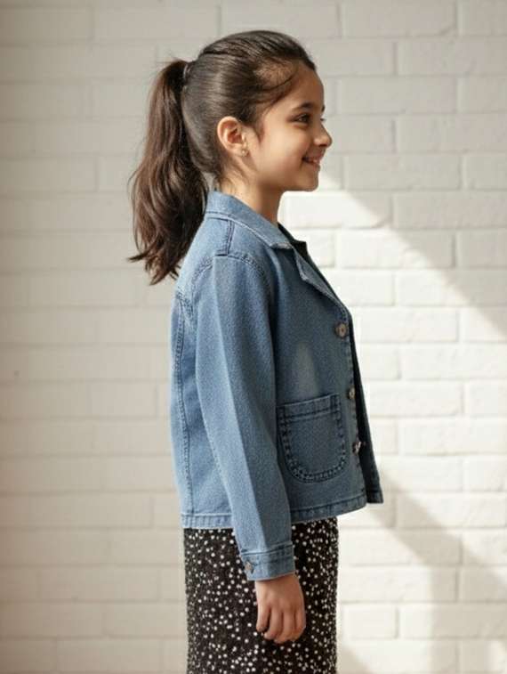 girls solid long sleeve denim regular jacket - 22335607 -  Standard Image - 2