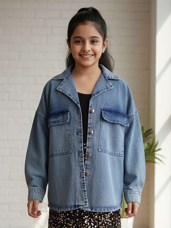 girls collared long sleeve denim jacket