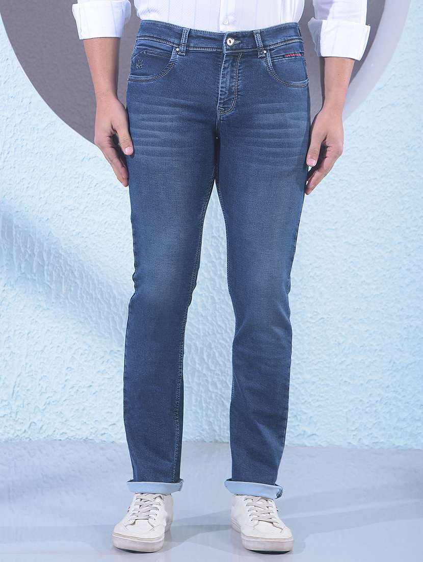 men washed mid rise full length slim fit jeans