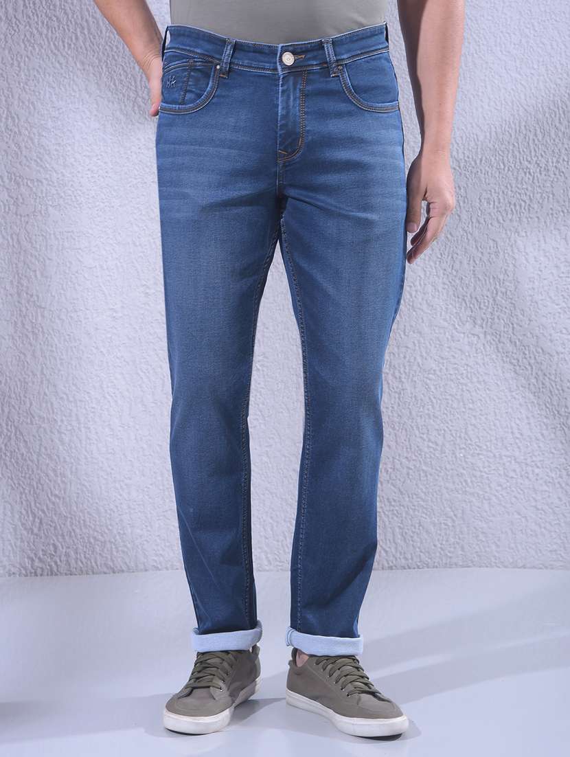 men washed mid rise full length slim fit jeans
