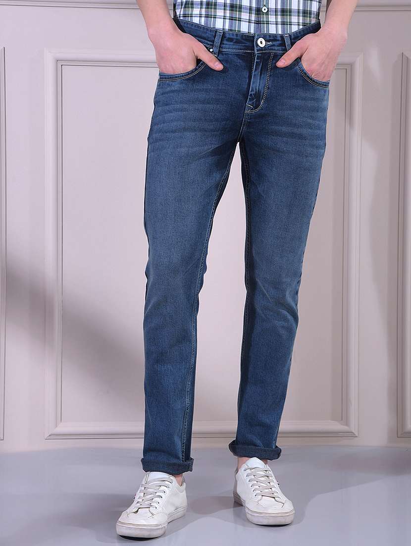 men washed mid rise full length slim fit jeans