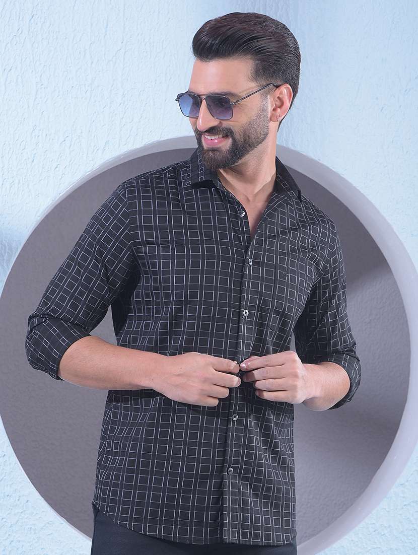men printed long sleeve slim fit casual shirt