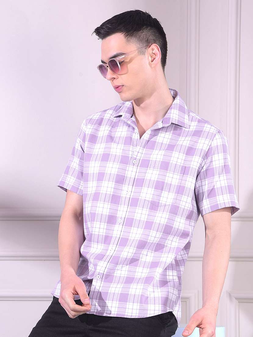men checkered short sleeve slim fit casual shirt
