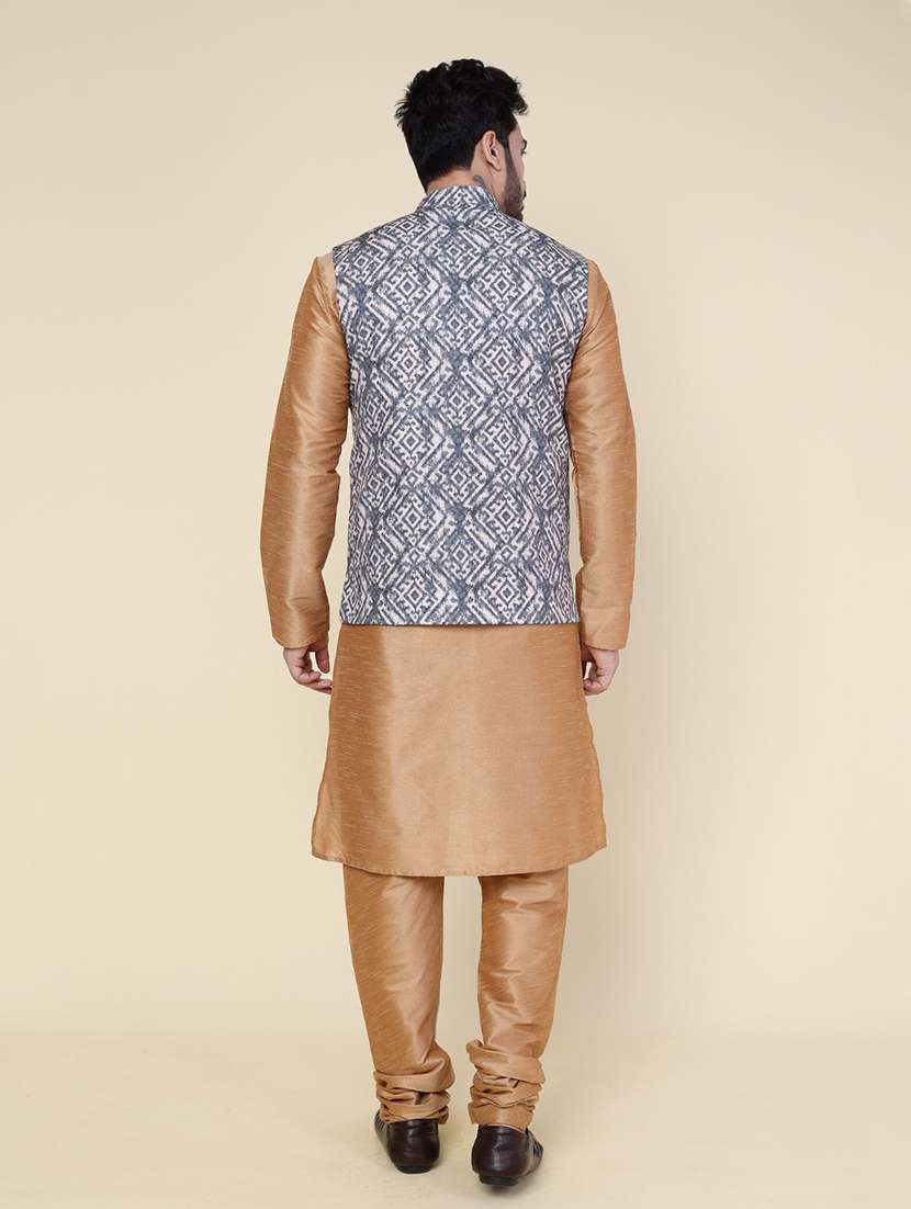 men printed mandarin neck kurta pyjama with jacket ethnic wear set - 22336108 -  Standard Image - 2