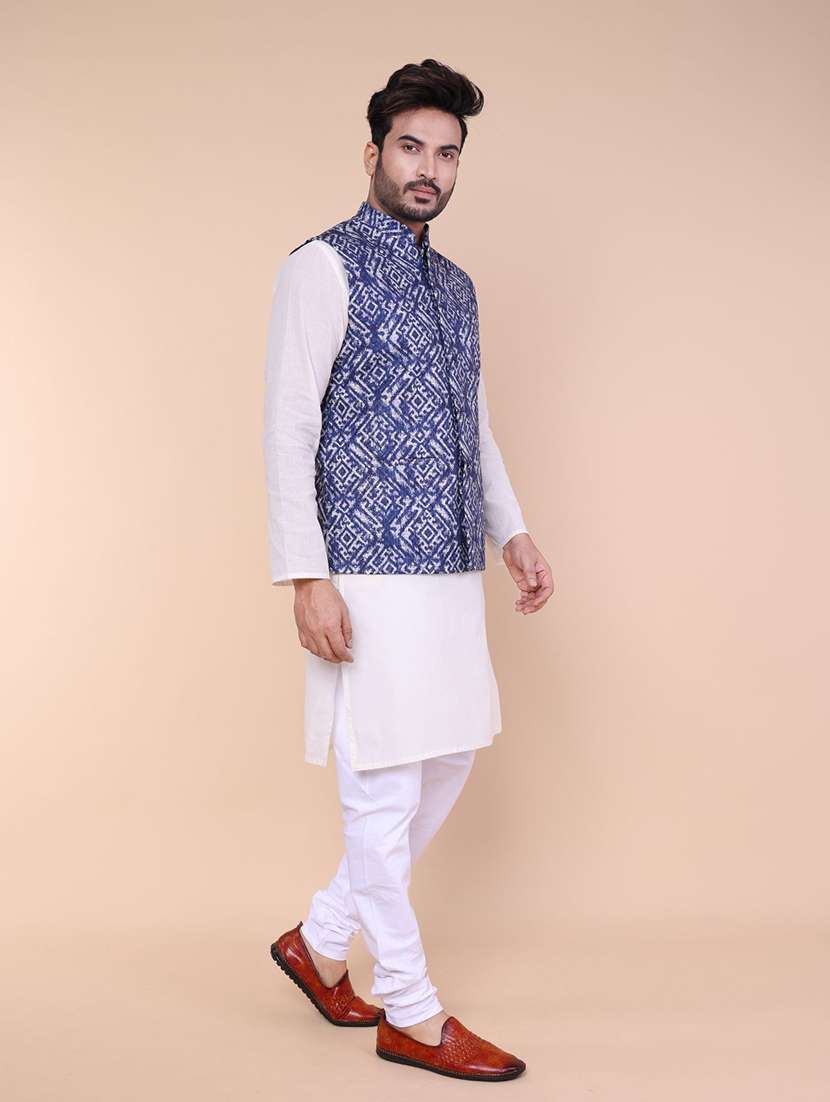 men printed mandarin neck kurta pyjama with jacket ethnic wear set - 22336112 -  Standard Image - 2