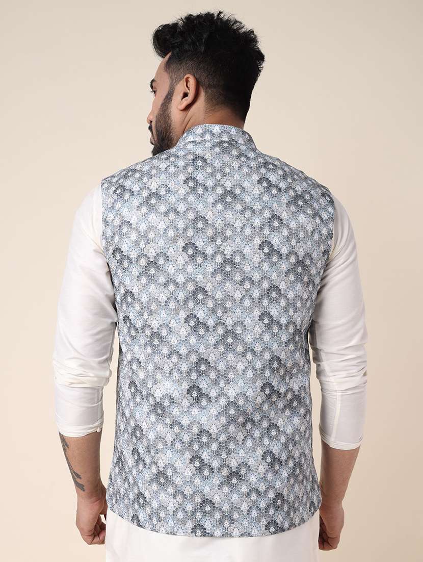 men printed mandarin neck kurta pyjama with jacket ethnic wear set - 22336116 -  Standard Image - 2